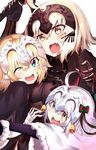  ;d absurdres ahoge armor bell black_gloves blonde_hair blue_eyes blush chain eyebrows_visible_through_hair fang fate/grand_order fate_(series) from_behind from_side gauntlets gloves headgear highres holding holding_weapon hug jeanne_d'arc_(alter)_(fate) jeanne_d'arc_(fate)_(all) jeanne_d'arc_alter_santa_lily multiple_girls multiple_persona one_eye_closed open_mouth ranf round_teeth short_hair smile sword teeth upper_body weapon white_hair yellow_eyes 