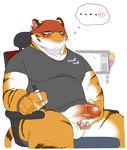  ... anthro balls bandanna big_penis blush bottomless clothed clothing feline humanoid_penis male mammal muscular muscular_male penis retracted_foreskin sitting solo tiger uncut wolvesmind 