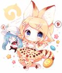  animal_ears aqua_hair backpack bag blonde_hair blush bow bowtie commentary copyright_name cosplay eighth_note elbow_gloves fang fang_out food gloves hair_ornament hairclip haru431 hat hat_feather hatsune_miku helmet japari_bun japari_symbol kaban_(kemono_friends) kaban_(kemono_friends)_(cosplay) kagamine_rin kemono_friends long_hair looking_at_viewer multiple_girls musical_note pith_helmet serval_(kemono_friends) serval_(kemono_friends)_(cosplay) serval_ears serval_print serval_tail shirt short_hair skirt sleeveless smile spoken_musical_note spoken_squiggle squiggle tail thighhighs twintails vocaloid wavy_mouth 