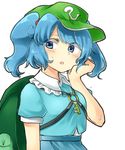  backpack bag blue_eyes blue_hair blue_shirt blue_skirt blush commentary_request eyebrows_visible_through_hair green_backpack green_hat hair_bobbles hair_ornament hand_on_own_cheek hand_up hat highres kawashiro_nitori key parted_lips sasa_kichi shirt short_sleeves skirt solo sweatdrop touhou twintails two_side_up upper_body wet wing_collar 