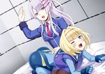  2girls artist_request ass blonde_hair blue_eyes blush bodysuit breasts frolaytia_capistrano hairclip heavy_object large_breasts long_hair milinda_bratini military military_uniform multiple_girls one_eye_closed open_mouth purple_eyes shiny shiny_hair short_hair spanking uniform wince 