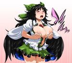 areolae black_hair black_wings bow breasts breasts_outside cape cleavage cowboy_shot flashing gradient gradient_background green_bow green_skirt hair_bow large_areolae large_breasts long_hair looking_at_viewer miniskirt motion_lines navel nipples no_bra no_panties open_clothes open_mouth open_shirt pink_background pubic_hair puffy_short_sleeves puffy_sleeves red_eyes reiuji_utsuho shirt short_sleeves shundou_heishirou skirt solo standing stomach sweat third_eye touhou undressing white_background white_shirt wings 