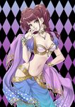  alternate_costume arabian_clothes bra breasts brown_hair choker commentary_request dancer earrings jewelry kujikawa_rise looking_at_viewer medium_breasts midriff navel necklace oto_nagi persona persona_4 persona_4:_dancing_all_night shawl smile solo twintails underwear yellow_eyes 