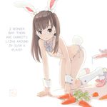  1girl :o all_fours animal_ears arched_back bangs bikini blush bow bowtie brown_eyes brown_hair bunny_ears bunny_tail carrot flat_chest hair_bow hard_translated kneehighs kokudou_juunigou looking_at_viewer mary_janes open_mouth original petite pink_bow pink_footwear plaid_neckwear shoe_bow shoes side-tie_bikini sidelocks signature simple_background solo swimsuit tail translated white_background white_bikini white_bow white_legwear wrist_cuffs 