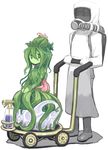  1girl boots closed_mouth commentary commentary_request flower gas_mask green_eyes green_hair green_skin hair_between_eyes idon leaf long_sleeves looking_at_viewer monster_girl original plant_girl plant_hair simple_background standing tentacles white_background 