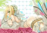  ahoge ass bare_shoulders belt blonde_hair blush boots breasts bridal_veil chain cleavage detached_sleeves eyes_visible_through_hair fate/extra fate/extra_ccc fate/grand_order fate_(series) flower flower_bed glowing green_eyes hair_flower hair_intakes hair_ornament high_heels large_breasts legs_up lock looking_at_viewer lying nero_claudius_(bride)_(fate) nero_claudius_(fate)_(all) on_stomach padlock petals plant rose short_hair skirt skirt_pull smile solo suga_hideo thigh_boots thighhighs twitter_username veil white_sleeves window zipper 
