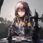  404_logo_(girls_frontline) armband bangs black_ribbon board_game brown_eyes brown_hair buckle bullet buttons chess chess_piece chessboard closed_mouth commentary_request crossed_bangs expressionless eyebrows_visible_through_hair fingerless_gloves girls_frontline gloves gun hair_between_eyes hair_ornament highres holding holding_bullet hood hooded_jacket jacket long_hair looking_at_viewer neck_ribbon one_side_up reflection ribbon scar scar_across_eye scarf shaded_face shinyi_mi shirt smile strap submachine_gun ump45_(girls_frontline) weapon white_shirt 