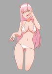  ass_visible_through_thighs bikini bikini_pull breasts candy cropped_legs darling_in_the_franxx food green_eyes grey_background head_tilt highres horns kuso_otoko large_breasts lollipop long_hair navel open_mouth partially_visible_vulva pink_hair simple_background skindentation solo swimsuit thigh_gap tongue tongue_out white_bikini zero_two_(darling_in_the_franxx) 
