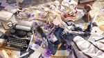  blonde_hair blue_eyes book braid commentary_request flower gloves hair_ribbon highres inkwell letter long_hair lying md5_mismatch mechanical_arm neckerchief neko_(yanshoujie) on_back prosthesis prosthetic_arm quill ribbon solo stuffed_animal stuffed_toy typewriter violet_evergarden violet_evergarden_(character) 