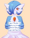  alternate_color breasts cleavage commentary english gardevoir gen_3_pokemon hair_over_one_eye highres holding holding_sign jcdr large_breasts pet_shaming pokemon pokemon_(creature) shiny_pokemon sign solo tears 