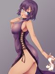  ass bare_shoulders blue_eyes breasts covered_nipples cross-laced_clothes dress finger_to_mouth from_side glasses hair_ornament head_tilt high_heels highres holding holding_shoes large_breasts looking_at_viewer nksk no_bra no_panties original parted_lips purple_dress purple_hair shoes short_hair side_slit sideboob simple_background solo thighs turtleneck white_footwear x_hair_ornament 