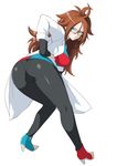  android_21 ass black-framed_eyewear blue_eyes breasts brown_hair checkered checkered_dress closed_mouth commentary_request curly_hair dragon_ball dragon_ball_fighterz dress earrings from_behind glasses haruhisky high_heels highres hoop_earrings jewelry labcoat large_breasts long_hair looking_at_viewer looking_back panties panties_under_pantyhose pantyhose shiny shiny_hair shiny_skin simple_background solo standing underwear white_background 