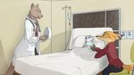  2018 anthro bed canine clipboard clothed clothing dipstick_ears disney doctor female fox green_eyes group hand_holding holding_object hospital hospital_bed intravenous_drip ittybittykittytittys judy_hopps kangaroo lagomorph lying male mammal marsupial necktie nick_wilde on_back on_bed purple_eyes rabbit signature sitting standing stethoscope under_covers zootopia 