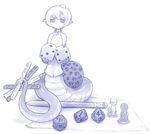  :3 bangs bare_shoulders blue dice figure full_body holding idon lamia looking_at_viewer minigirl monochrome monster_girl original pencil pointy_ears scales short_hair simple_background sleeveless smile solo tail tail_hold white_background 