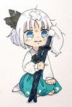  biting blue_eyes blue_skirt bow bowtie commentary hair_ornament highres holding holding_sword holding_weapon hurt katana konpaku_youmu lip_biting long_sleeves sasa_kichi short_hair sitting skirt socks sword tears touhou traditional_media weapon white_hair white_legwear wing_collar 