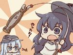  akatsuki_(kantai_collection) black_hat blue_eyes commentary_request fishing_hook fishing_line fishing_rod flat_cap hair_between_eyes hat hibiki_(kantai_collection) kantai_collection kata_meguma long_hair multiple_girls open_mouth purple_eyes purple_hair silver_hair translated 