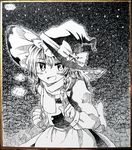  :d absurdres apron bow braid eyebrows_visible_through_hair frilled_hat frills greyscale hand_up hat hat_bow highres kirisame_marisa long_sleeves looking_at_viewer maid_apron monochrome open_mouth photo sasa_kichi shikishi smile solo touhou traditional_media vest w witch_hat 