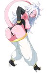  android_21 ass black_panties blue_eyes bracelet breasts breasts_outside cameltoe commentary_request detached_sleeves dragon_ball dragon_ball_fighterz earrings embarrassed from_behind harem_pants haruhisky high_heels highres hoop_earrings jewelry large_breasts long_hair looking_at_viewer looking_back majin_android_21 nipples panties pants pants_down pink_skin pointy_ears shiny shiny_hair shiny_skin simple_background solo standing tail underwear white_background white_hair 