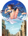  alle_gro asymmetrical_legwear asymmetrical_sleeves bare_shoulders barefoot black_hair black_ribbon city crown day earrings elbow_gloves fate/grand_order fate_(series) floating gloves hair_ribbon hoop_earrings ishtar_(fate/grand_order) jewelry levitation long_legs looking_away neck_ring red_eyes ribbon single_elbow_glove single_thighhigh sky solo thighhighs toeless_legwear twintails 