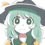  bangs black_hat bow bright_pupils closed_mouth commentary face green_eyes green_hair hat hat_bow komeiji_koishi sasa_kichi shirt simple_background solo touhou upper_body white_background white_pupils wing_collar yellow_bow yellow_shirt 