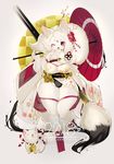  2018 asymmetrical_hair black_eyes blush breasts cleavage facial_mark flower furry hair_flower hair_ornament highres holding holding_umbrella kishibe large_breasts long_hair long_sleeves looking_at_viewer new_year one_eye_closed open_mouth original oversized_object paintbrush platform_footwear sandals solo umbrella white_hair wide_hips 