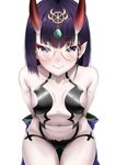  ass_visible_through_thighs bangs bare_shoulders blush bob_cut breasts closed_mouth collarbone dearonnus eyebrows_visible_through_hair fangs fangs_out fate/grand_order fate_(series) glasses headpiece highres horns japanese_clothes kimono looking_at_viewer navel off_shoulder oni oni_horns purple_eyes purple_hair revealing_clothes short_hair shuten_douji_(fate/grand_order) simple_background small_breasts smile solo white_background 