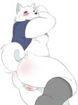  anthro balls blush butt canine clothed clothing legwear looking_at_viewer male mammal open_mouth open_shirt slightly_chubby socks solo thick_thighs wolvesmind 