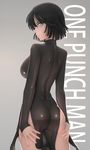  ass ass_grab black_dress black_hair breasts closed_mouth commentary_request copyright_name dress from_behind fubuki_(one-punch_man) grabbing_own_ass green_dress green_eyes grey_background hands_on_ass highres large_breasts legs_together long_sleeves looking_at_viewer looking_back one-punch_man shiny shiny_clothes short_hair side_slit simple_background siraha solo standing 