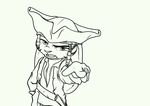  2018 anthro belt black_and_white clothed clothing crossover disney facial_markings fur_markings ittybittykittytittys jack_savage jack_sparrow lagomorph looking_at_viewer male mammal markings monochrome open_mouth pirate pirate_hat pirates_of_the_caribbean pointing rabbit ring simple_background solo white_background zootopia 