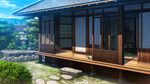  building bush cloud commentary_request cushion dacchi day garden highres house kayari_buta mountain no_humans original outdoors revision rural scenery sky stone_lantern stone_wall table tree veranda wall zabuton 