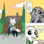  2018 anthro arctic_fox barefoot bench canine clothed clothing comic dialogue disney duo ear_markings eating english_text facial_markings female food fox fur_markings ittybittykittytittys jack_savage lagomorph male mammal markings outside rabbit sandwich_(food) scott_pilgrim sitting skye_(zootopia) text zootopia 