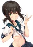  ;) belly_peek blue_sailor_collar blue_skirt blush breasts brown_hair collarbone eyebrows_visible_through_hair fubuki_(kantai_collection) green_eyes ichikawa_feesu kantai_collection looking_at_viewer navel no_bra one_eye_closed pleated_skirt ponytail ribs sailor_collar school_uniform serafuku shirt_lift short_hair sidelocks simple_background skirt small_breasts smile solo underboob upper_body white_background 