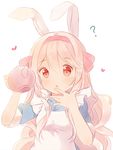  :o ? animal_ears apron blonde_hair blue_dress bunny_ears commentary covering_mouth dress english_commentary eyebrows_visible_through_hair hair_between_eyes hand_over_own_mouth hands_up headband hitsukuya holding kagerou_project kozakura_marry long_hair looking_at_viewer red_eyes short_sleeves simple_background sketch solo teapot upper_body white_apron white_background 