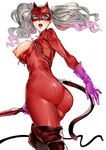  ass azukiko blonde_hair blue_eyes bodysuit boots breasts breasts_outside cleavage_cutout gloves huge_breasts long_hair looking_back mask nipples persona persona_5 solo takamaki_anne thigh_boots thighhighs twintails whip white_background 