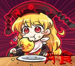  american_flag blonde_hair blush_stickers chinese_clothes dated eating eclipse emphasis_lines fork hat junko_(touhou) long_hair lowres lunar_eclipse moon plate pote_(ptkan) pun red_eyes solo touhou translated 