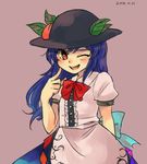  :d apron black_hat blue_hair blue_skirt blush bow bowtie bright_pupils commentary dated food fruit hat hinanawi_tenshi index_finger_raised leaf long_hair one_eye_closed open_mouth peach puffy_short_sleeves puffy_sleeves purple_background red_eyes red_neckwear sasa_kichi shirt short_sleeves simple_background skirt smile solo touhou white_shirt 