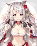  :d animal_ears azur_lane bandaged_arm bandages bangs black_cape blush breasts bridal_gauntlets buckle budget_sarashi cape claw_pose cleavage collar fang fingernails floral_background flower hair_flower hair_ornament heart highres large_breasts long_hair looking_at_viewer multicolored multicolored_nails nail_polish navel open_mouth petals red_eyes red_flower rin_yuu sarashi shiny shiny_hair shiny_skin silver_hair smile solo sparkling_eyes spiked_collar spikes stomach swept_bangs tareme tassel thick_eyebrows two_side_up underboob upper_body v-shaped_eyebrows very_long_hair white_flower wolf_ears yuudachi_(azur_lane) 