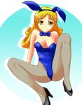  blonde_hair breasts bunny_girl cleavage commentary_request dragon_quest dragon_quest_iii high_heels jester_(dq3) leotard long_hair nib_pen_(medium) pantyhose solo traditional_media uchouten 