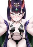  ass_visible_through_thighs bangs bare_shoulders blush bob_cut breasts closed_mouth collarbone dearonnus eyebrows_visible_through_hair fangs fangs_out fate/grand_order fate_(series) glasses headpiece highres horns japanese_clothes kimono looking_at_viewer navel off_shoulder oni oni_horns purple_eyes purple_hair revealing_clothes short_hair shuten_douji_(fate/grand_order) simple_background small_breasts smile solo white_background 