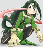  asui_tsuyu black_eyes bodysuit boku_no_hero_academia breasts frog_girl gloves green_bodysuit green_hair hair_rings highres long_hair long_sleeves long_tongue low-tied_long_hair medium_breasts one_knee simple_background solo thighhighs tongue tongue_out vorupi white_gloves 