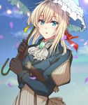  bangs blonde_hair blue_eyes blue_jacket braid brooch dress eyebrows_visible_through_hair gloves hair_between_eyes hair_intakes hair_ribbon jacket jewelry long_sleeves looking_at_viewer necklace parasol petals qingchen_(694757286) ribbon solo sun_glare umbrella violet_evergarden violet_evergarden_(character) 