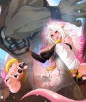  1girl absurdres android_21 areolae barefoot black_nails black_sclera breasts clothed_sex detached_sleeves dougi dragon_ball dragon_ball_fighterz dragon_ball_z feet harem_pants hatsuji_horumon hetero highres large_breasts majin_android_21 nail_polish naughty_face nipple_slip nipples pants pink_skin pointy_ears red_eyes saliva sex smile soles solo_focus son_gokuu spread_legs strapless sweat toenail_polish tongue tongue_out torn_clothes torn_pants transparent tubetop vaginal 