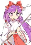  :o bangs blunt_bangs bow detached_sleeves hair_bow hair_tubes hakurei_reimu hakurei_reimu_(pc-98) highres holding japanese_clothes long_hair long_sleeves miko purple_eyes purple_hair red_bow red_skirt sasa_kichi simple_background skirt solo touhou touhou_(pc-98) upper_body white_background wide_sleeves 