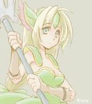  armor bangs blonde_hair blue_eyes breasts character_name cleavage closed_mouth commentary_request dress green_dress helmet holding holding_weapon long_hair looking_at_viewer polearm riesz seiken_densetsu seiken_densetsu_3 signal_(natumo623) solo weapon 