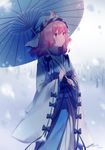  baozishark blue_hat blue_kimono chinese_commentary commentary_request dated hat highres holding holding_umbrella japanese_clothes kimono long_sleeves looking_to_the_side medium_hair mob_cap oriental_umbrella outdoors pink_eyes pink_hair ribbon_trim saigyouji_yuyuko snow snowing solo standing touhou tree triangular_headpiece umbrella wide_sleeves winter 