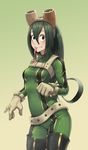  asui_tsuyu black_eyes blush bodysuit boku_no_hero_academia breasts cheshirrr commentary frog_girl green_bodysuit green_hair hair_rings highres long_hair long_tongue looking_at_viewer low-tied_long_hair small_breasts solo thighhighs tongue tongue_out 