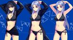 arms_up bikini black_bikini bracelet breasts caster choker cleavage commentary_request fate/stay_night fate_(series) hood jewelry ktsis large_breasts long_hair looking_at_viewer multiple_views navel pointy_ears purple_eyes purple_hair swimsuit 