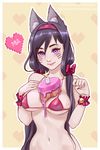  ahri animal_ears between_breasts bikini bikini_top black_hair blue_eyes blush bow breasts candle eyelashes fox_ears fox_girl hair_bow hairband hand_on_own_chest heart league_of_legends long_hair looking_at_viewer low_twintails medium_breasts mole mole_on_breast navel olga_narhova red_bikini_top sideboob smile string_bikini swimsuit twintails very_long_hair watermark whisker_markings 