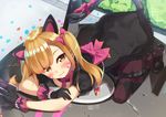  :3 all_fours alternate_costume animal_ears argyle argyle_legwear bead_bracelet beads black_cat_d.va black_dress black_footwear black_gloves blonde_hair blush bow bowtie bracelet breast_press breasts brown_eyes bush cat_ears charm_(object) confetti d.va_(overwatch) day dress eyebrows_visible_through_hair facepaint facial_mark fake_tail frilled_dress frilled_skirt frills from_above full_body gloves gothic_lolita gun hair_bow handgun heart highres holding holding_gun holding_weapon jewelry lolita_fashion looking_at_viewer looking_to_the_side mecha medium_breasts medium_hair meka_(overwatch) outdoors overwatch pantyhose parutoneru pink_bow pistol puffy_short_sleeves puffy_sleeves purple_skirt road shoes short_sleeves skirt smile solo sparkle tail tail_bow tri_tails twintails weapon whisker_markings 