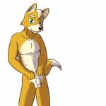  5_fingers abs anthro balls black_nose canine flaccid fox fox_mccloud fur fuze green_eyes happy hi_res humanoid_penis looking_at_viewer male mammal nintendo nipples nude penis pose simple_background solo standing star_fox video_games white_background white_balls white_fur yellow_fur 